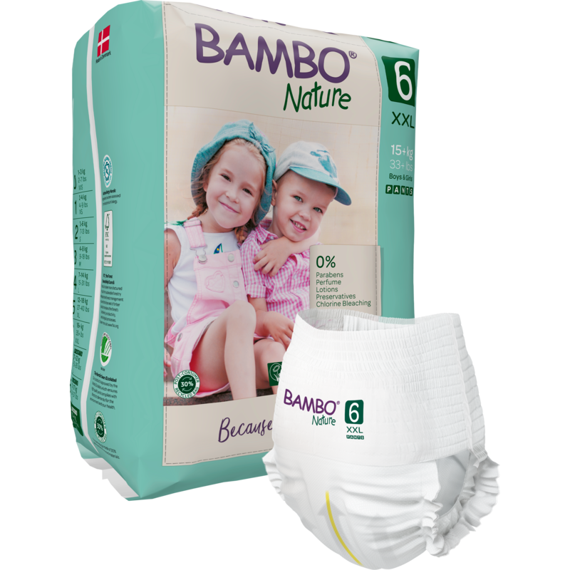 Eine Packung Bambo Nature Pants der Abena Re-Seller GmbH in XXL Größe 6 zeigt zwei lachende Kinder, wobei eine Windel vorne liegt, um das sanfte, umweltfreundliche Design zu unterstreichen.