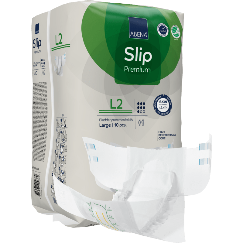 En förpackning ABENA Slip Premium inkontinensblöjor från Abena Re-Seller GmbH, storlek Large (L2), innehåller 10 stycken. En blöja är delvis tagen ur förpackningen för att visa sin design och sitt innerfoder.