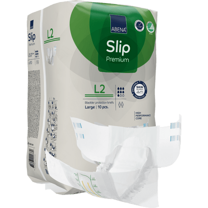 En förpackning ABENA Slip Premium inkontinensblöjor från Abena Re-Seller GmbH, storlek Large (L2), innehåller 10 stycken. En blöja är delvis tagen ur förpackningen för att visa sin design och sitt innerfoder.