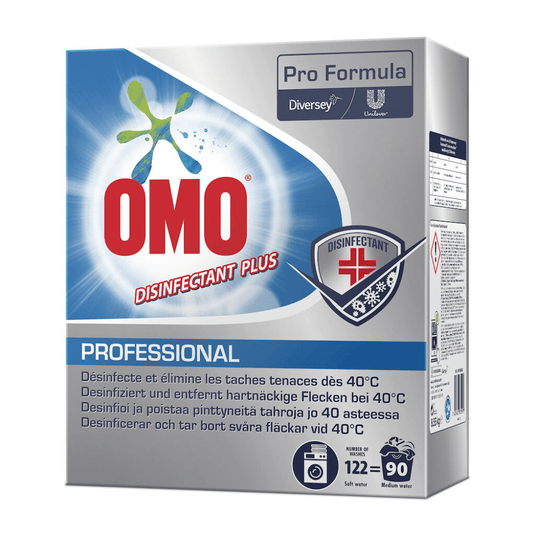 Utställt är en förpackning med Omo Professional Disinfectant Plus, desinfektionsmedel (8550 g) från Diversey Deutschland GmbH & Co. OHG. På förpackningen framhålls produkten effektivitet vid borttagning av svåra fläckar vid 40 °C, och den innehåller logotyperna för Unilever och Diversey samt bruksanvisningar.