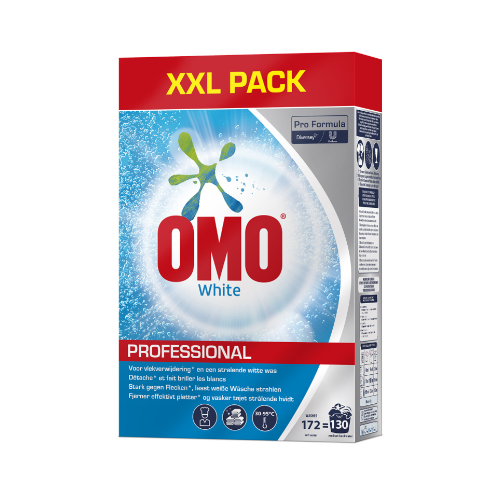 En XXL-förpackning OMO Professional White tvättmedel, med en blå stänkmönster-design och en text som betonar fläckborttagning och ljusstyrkan hos vit tvätt. Distribueras av Diversey Deutschland GmbH & Co. OHG.