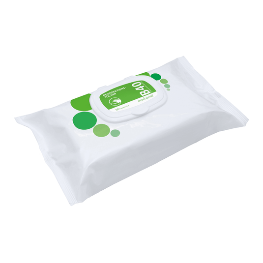 En förpackning med Orochemie B 40 desinfektionsservetter, färdiga att användas, med en grön etikett med den engelska texten ”refreshing”, speciellt utformade för snabbdesinfektion, på en enkel vit bakgrund.