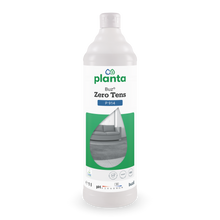 Eine weiße 1-Liter-Flasche des Buz® Zero Tens Universalreiniger farblos der BUZIL-WERK Wagner GmbH & Co. KG, mit grünem Etikett, auf dem ein graues Sofa und ein Teppich abgebildet sind, zeigt Angaben zur Marke und zum Reinigungsmittel.