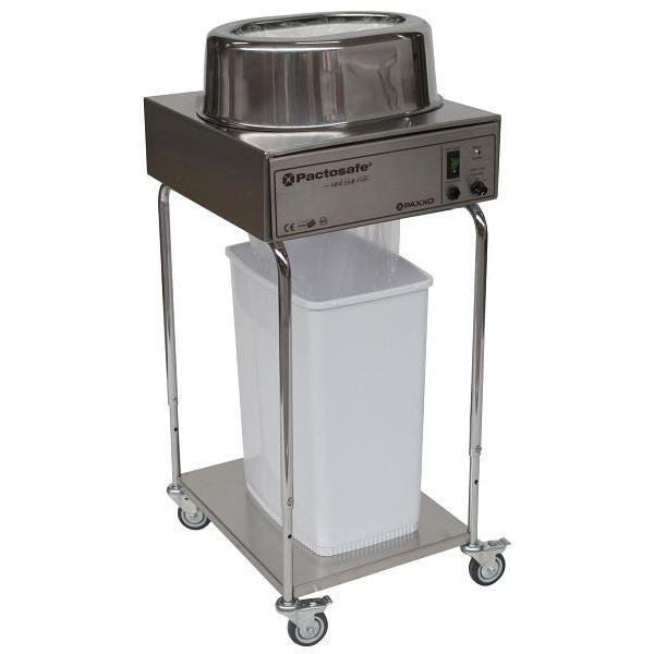 Novocal-avfallssvetsmaskinen Pactosafe öppen - nätversion i rostfritt stål är höjdjusterbar, på fyra hjul och har en kontrollpanel, stor övre öppning samt en vit avfallsbehållare för effektiv avfallshantering inom medicinska områden.