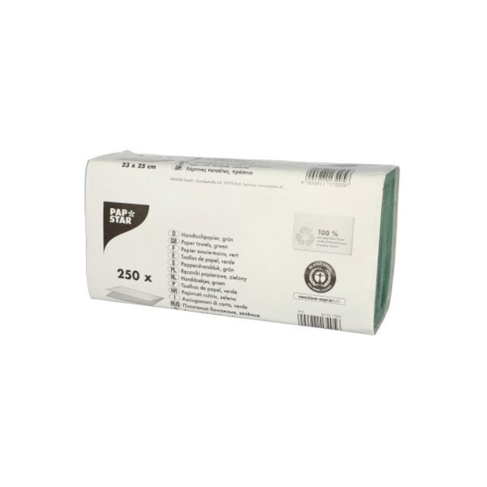 Denna uppsättning med 250 gröna, miljövänliga pappersservetter från PAPSTAR GmbH i återvunnet kreppapper har måtten 25 x 23 cm. Förpackningen presenterar produktdetaljer och den ikoniska PAPSTAR-logotypen och garanterar kvalitet och hållbarhet vid varje användning.