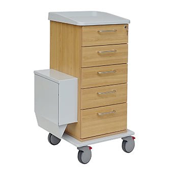 Novocal vård- och arbetsvagn har en ram av helt plast, en träyta, fem lådor med metallhandtag, en låsbar övre låda, en vit sidobox och fyra svänghjul för enkel rörlighet.