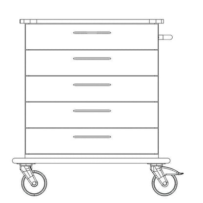 Framsides ritning av Novocal vård- och arbetsvagnschassi med fyra lådor, handtag på varje låda, två stora framhjul och två mindre bakhjul. Märke: Novocal. Förpackning: 1 styck.