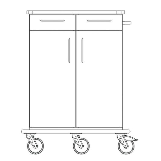 Eine Strichzeichnung des Novocal Pflege- und Arbeitswagen Fahrgestells von Novocal zeigt einen Rollwagen mit zwei großen Türen, zwei Schubladen, einem Griff auf der rechten Seite und vier Lenkrollen - ideal für die Lagerung oder den Transport.