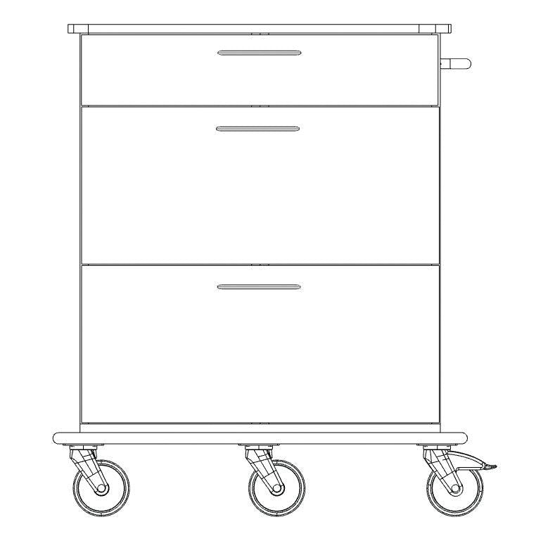 Svartvit streckteckning av Novocal vård- och arbetsvagn chassi helplast med tre lådor, fyra länkhjul (ett med broms) och ett handtag på höger sida. Förpackning: 1 styck. Märke: Novocal.