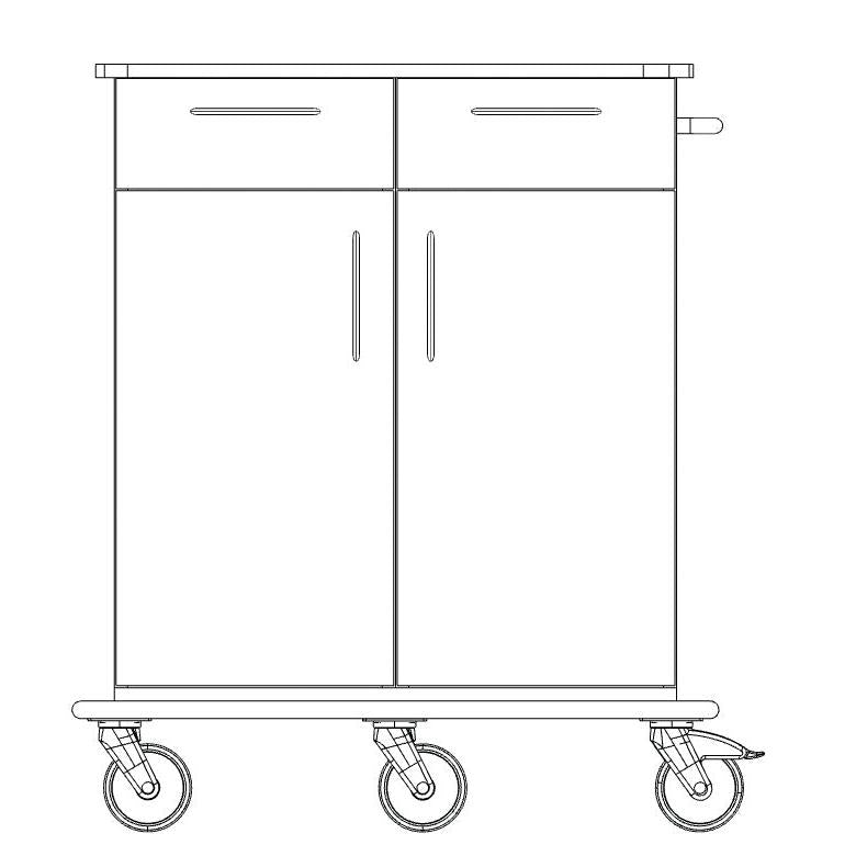 Svartvit linjeteckning av Novocal vård- och arbetsvagn, en arbetsvagn i helplast med två övre lådor, två nedre dörrar, ett handtag på höger sida och fyra stora hjul. Märke: Novocal. Förpackning: 1 styck.