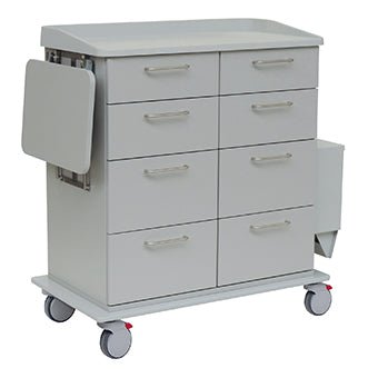 Novocal vård- och arbetsvagnen är utrustad med slitstark helplast, åtta lådor, en utfällbar sidobord, ett sidofack och fyra länkhjul (två med röda bromsar) - idealisk för effektiv förvaring av medicinskt material.