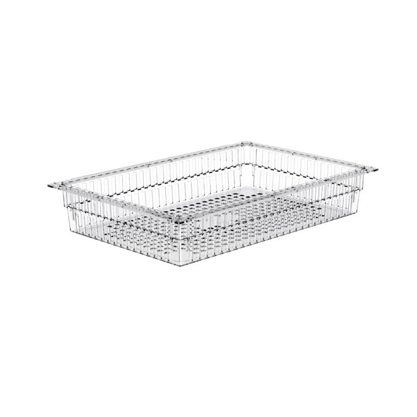 Den genomskinliga, delbara Novocal PC-korgen (600 x 40 mm) är en rektangulär förvaringsbehållare med perforerad botten och ribbade sidor för ventilation, avbildad tom på vit bakgrund. Inklusive utdragsstopp. Idealisk för kontorsförvaring. Förpackning: 1 styck.