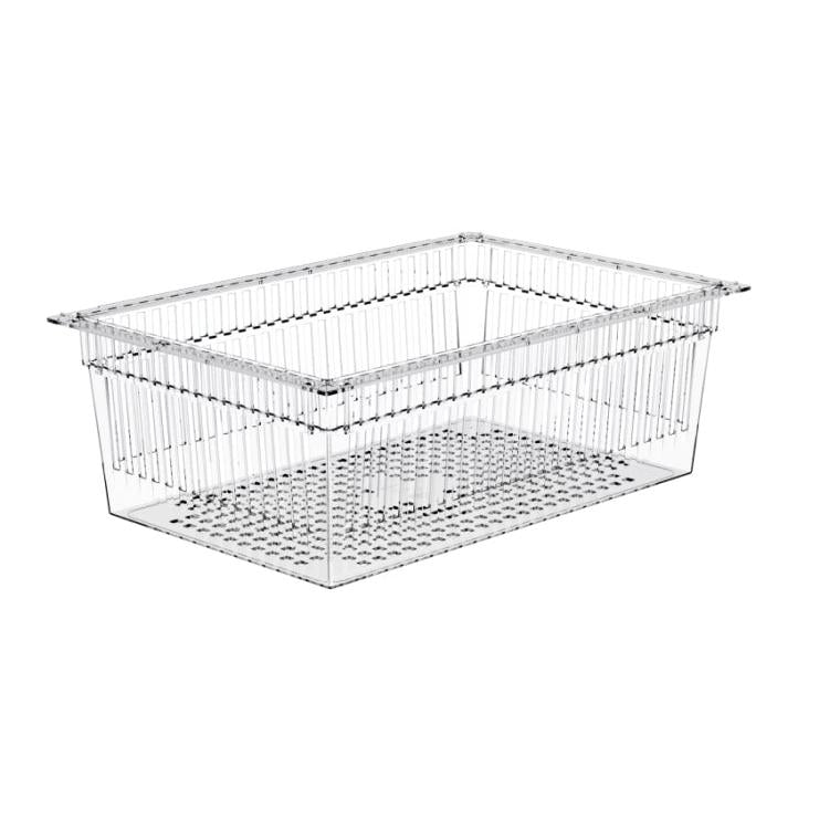 Den genomskinliga Novocal PC-korgen som kan delas (600 x 40 mm) med perforerad botten och utdragsstopp erbjuder optimal ventilation och dränering - idealisk för förvaring av PC-tillbehör. 1 styck per förpackning.