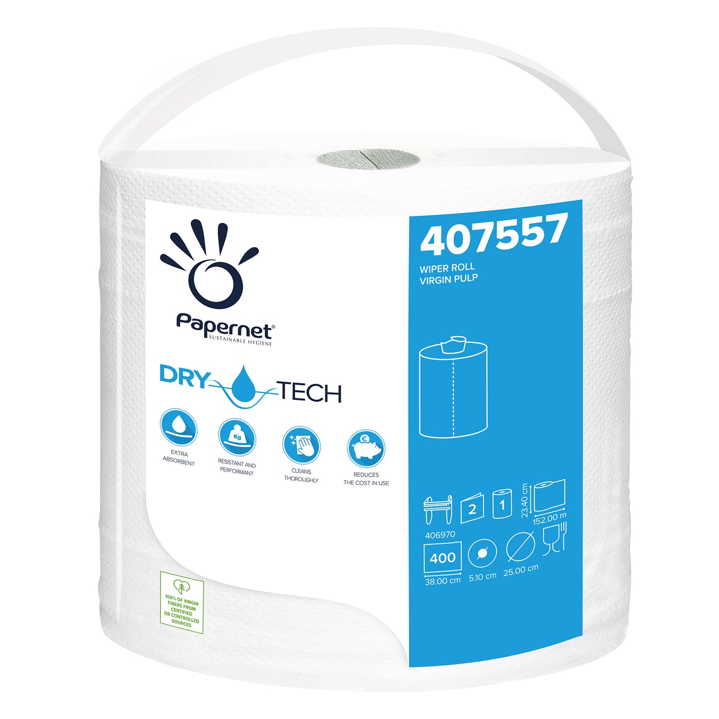 En rulle Papernet industripapper-rulle 407557 från Sofidel Germany GmbH kännetecknas av „Dry Tech-teknologin“ på förpackningen. Den är försedd med återvinningssymboler och innehåller 400 ark, vilket säkerställer effektivitet och hållbarhet. Den vita rullen mäter 380 cm x 51,0 cm x 25,0 cm och är därmed ett idealiskt val för industriellt bruk.