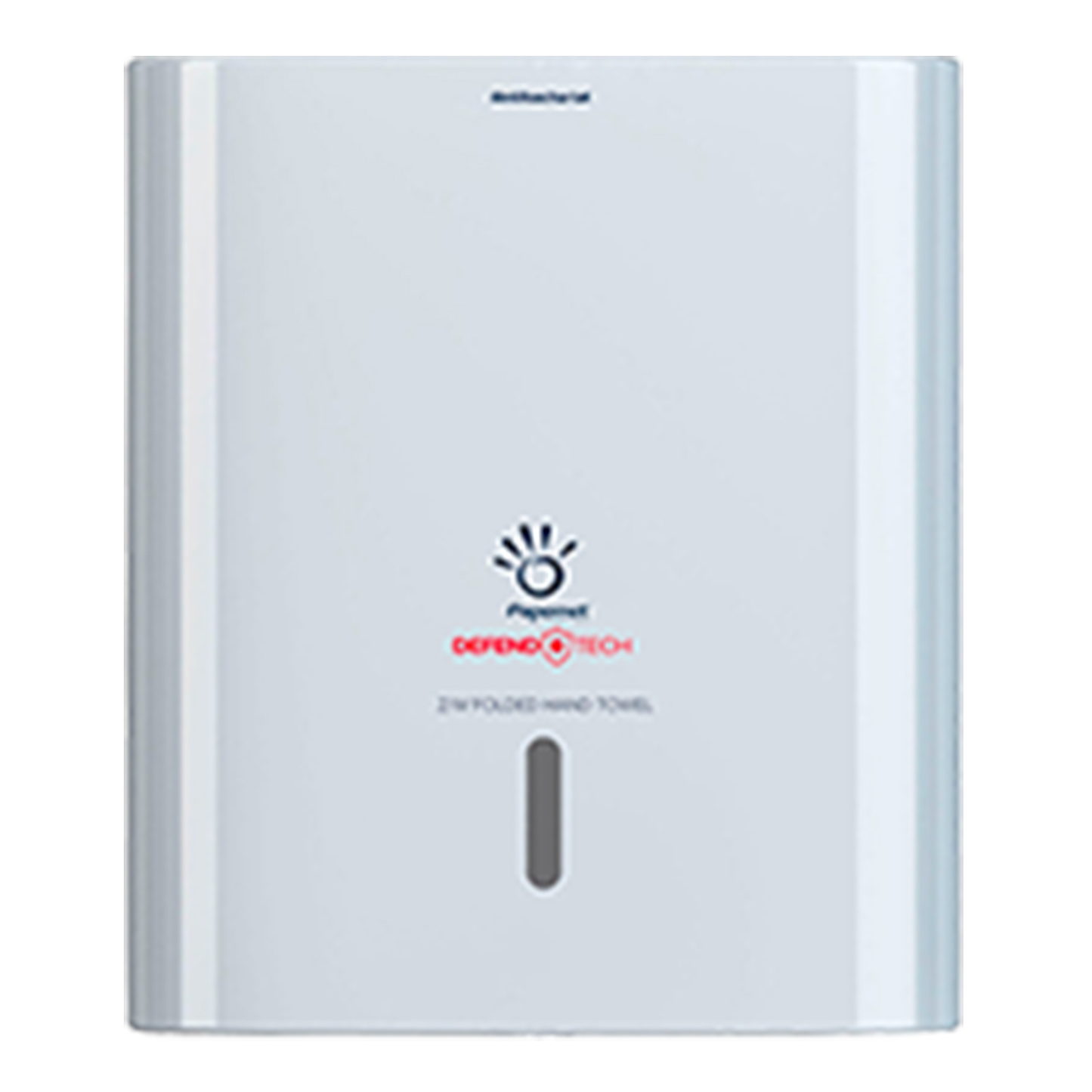 Ein glänzender, weißer Papierhandtuchspender mit der Marke Sofidel Germany GmbH und dem roten „DEFEND TECH Z-Folded Hand Towel“ neben einem Handabdruck-Logo. Das Design der DEFEND TECH Technologie verfügt über einen vertikalen, durchscheinenden Schlitz zur einfachen Überwachung des Handtuchstands und ist daher perfekt für Papernet Falthandtücher geeignet. Produktname: Papernet Antibakterieller Spender für Z/W-Falz Falthandtücher mit Defend Tech Technologie | Karton (1 Packung).