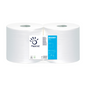 Två stora rullar Papernet industripapper, produktnummer 402301, är förpackade tillsammans. En etikett bär märket „Sofidel Germany GmbH“ och innehåller symboler som indikerar återvinningsinformation. Dessa absorberande, tvålagers pappershanddukar är idealiska för alla rengöringsarbeten.