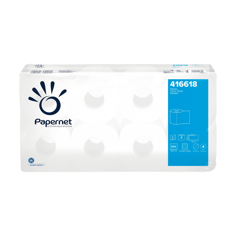 Utställd är ett paket Papernet toalettpapper från Sofidel Germany GmbH, som innehåller åtta 2-lagers rullar. Den övervägande vita förpackningen har en blå accent, samt Papernet-logotypen och produktnumret 416618.