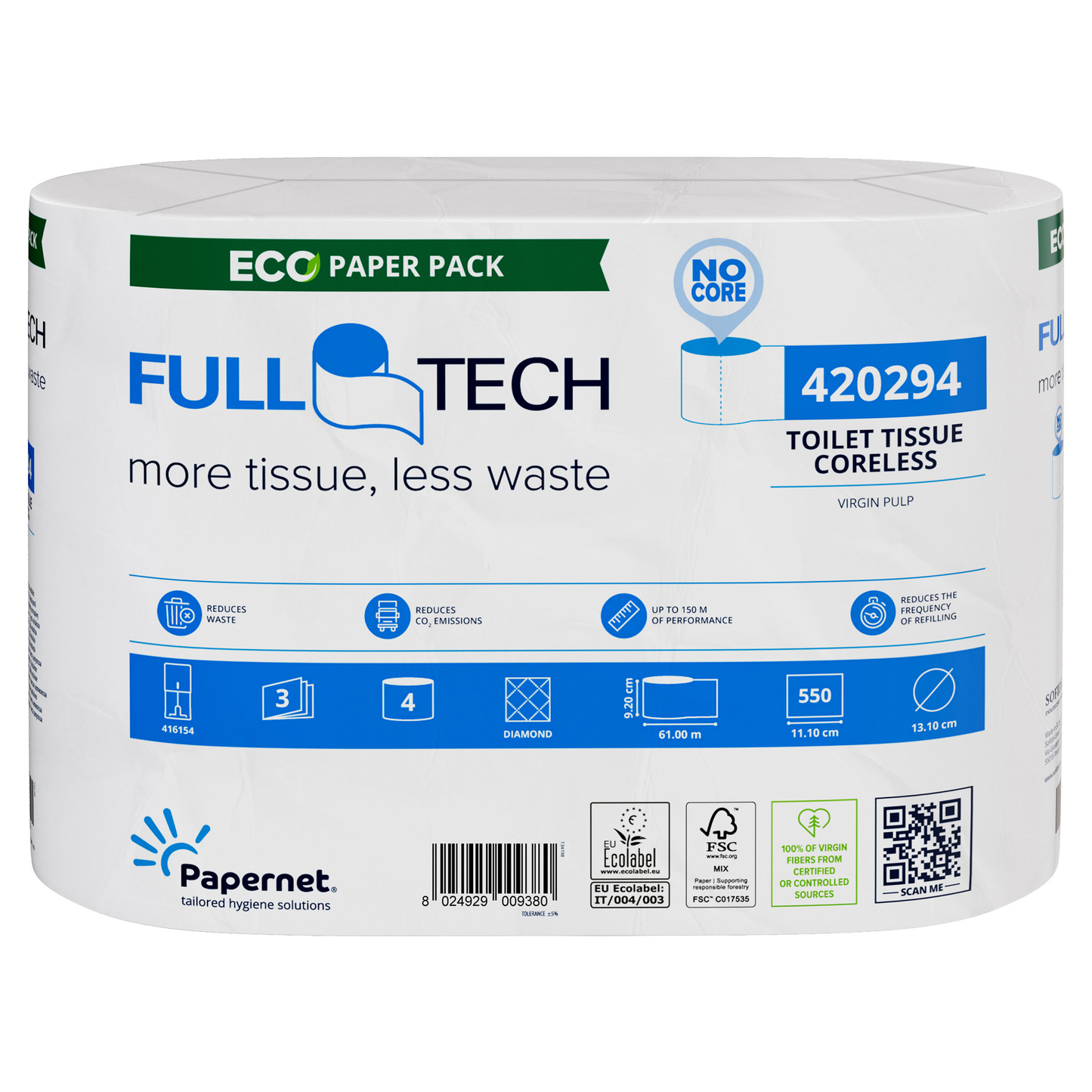 Förpackningen av Papernet toalettpapper 420294 med Full Tech-teknologi från Sofidel Germany GmbH framhäver dess miljövänliga egenskaper, såsom att det är 3-lagers och tillverkat av nyfiber. Den innehåller en QR-kod, produktdetaljer och symboler som pekar på miljöfördelar och bruksanvisningar och förkroppsligar innovationen av Full Tech-teknologin.