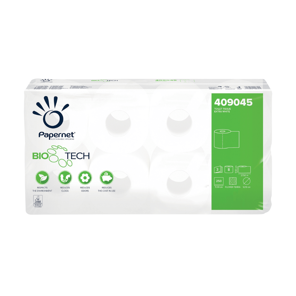 Vi presenterar Papernet toalettpapper med Bio Tech-teknik från Sofidel Germany GmbH, produktkod 409045. Detta förbättrade toalettpapper med Biologic-Active-Tissue-Paper-teknik levereras i biologiskt nedbrytbara rullar. Den övervägande vita förpackningen har gröna accenter för att framhäva de miljövänliga egenskaperna, och produktkoden är tydligt placerad i det övre högra hörnet.