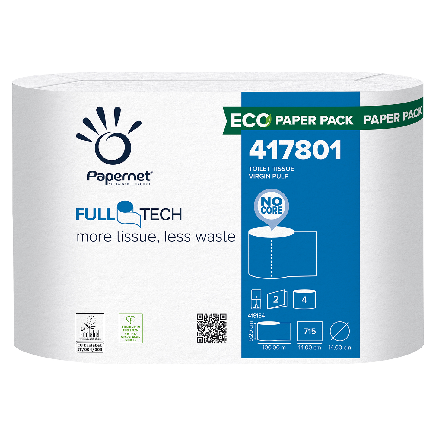 Ett paket Papernet toalettpapper med Full Tech-teknologi, 417801 – 4 rullar från Sofidel Germany GmbH imponerar med sin tvålagersdesign som lovar mer papper med mindre avfall. Eco Paper Pack innehåller innovativt antibakteriellt förpackningsmaterial samt produktspecifikationer och en användarvänlig QR-kod.