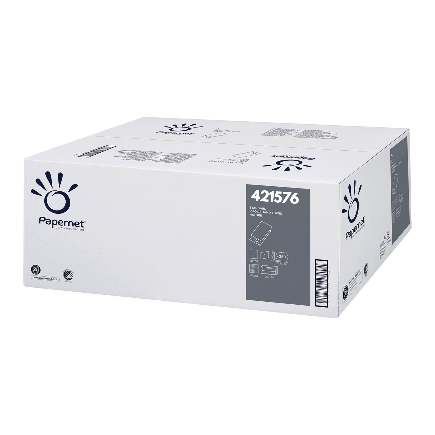 En vit rektangulär låda med 1-lags Papernet V-vikta pappershanddukar (421576) från Sofidel Germany GmbH levereras i en kartong med logotyper och beskrivningar som betonar företagets engagemang för återvunnet papper.