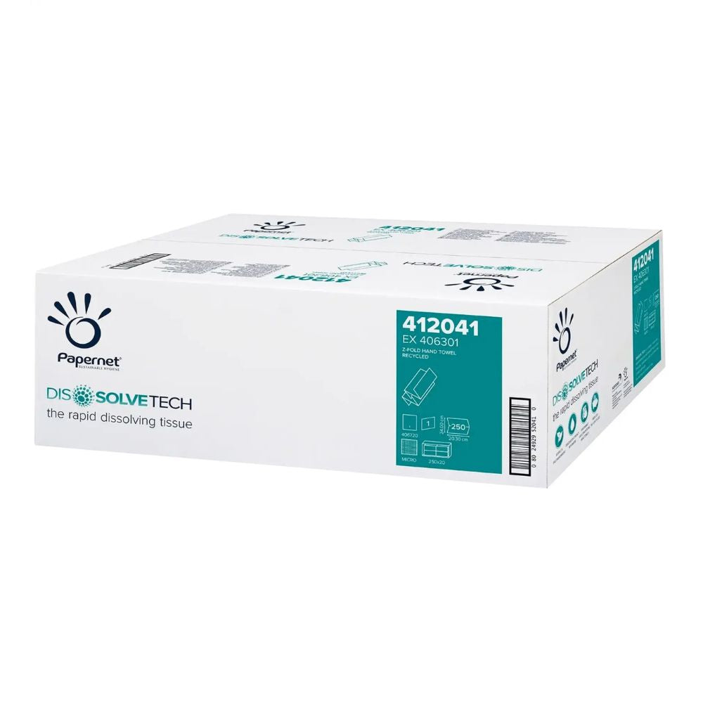 In einem weißen Karton mit dem Papernet-Logo befindet sich das schnell auflösende Tissue DisolveTech von Sofidel Germany GmbH, ideal für den Einsatz in der Gastronomie. Auf dem Etikett sind Produktdetails wie „412041“ zu sehen, außerdem eine Abbildung der Papernet 1-lagigen Z-Falz-Tissue-Packungen.