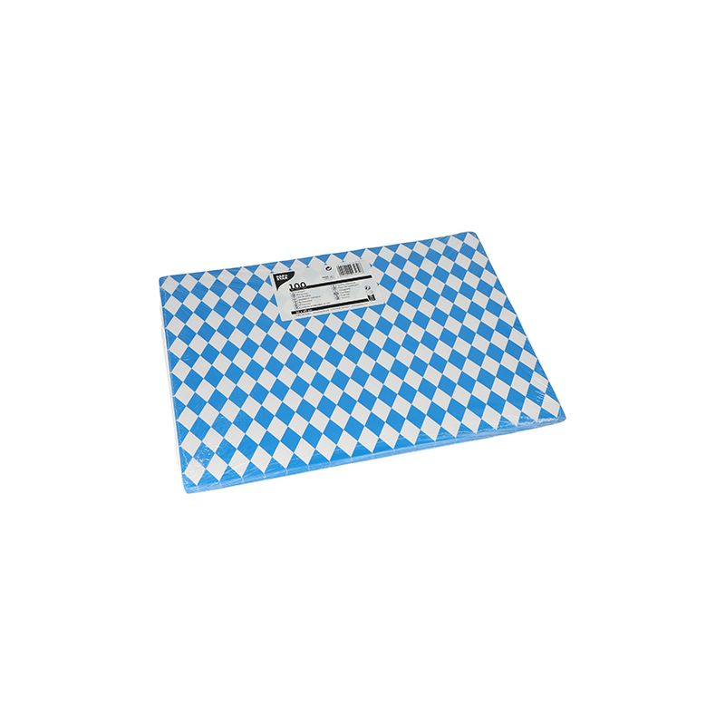 Ett PAPSTAR GmbH bordsunderlägg av papper, 30 x 40 cm, med blå-vitt rutmönster, miljövänligt, med en etikett med text och streckkod i mitten. Fotograferat på vit bakgrund. Produkt: PAPSTAR 100 bordsunderlägg, papper.