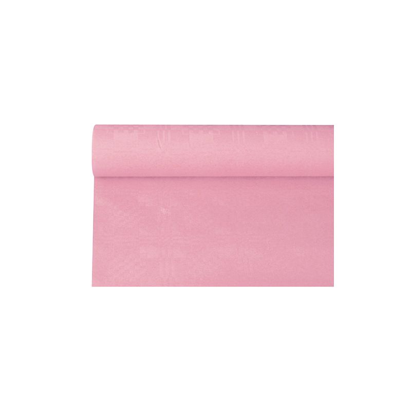 Ett utrullat stycke av PAPSTAR papperduk med damastprägling, i en rosa nyans, vilar elegant på en vit bakgrund.