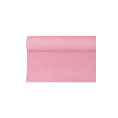 Ett utrullat stycke av PAPSTAR papperduk med damastprägling, i en rosa nyans, vilar elegant på en vit bakgrund.