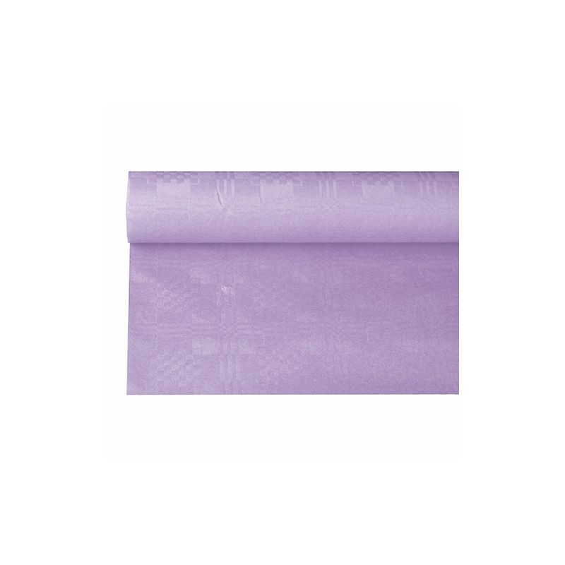En PAPSTAR papperduk med damastprägling i en ljus lila nyans, som påminner om ett festligt tillfälle, rullar ut sig elegant på vit bakgrund och avslöjar sin släta yta och jämna färg med sitt diskreta damastmönster.