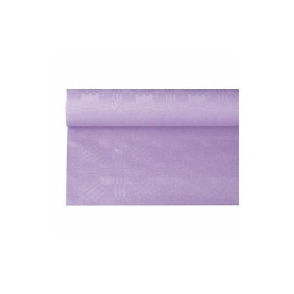 En PAPSTAR papperduk med damastprägling i en ljus lila nyans, som påminner om ett festligt tillfälle, rullar ut sig elegant på vit bakgrund och avslöjar sin släta yta och jämna färg med sitt diskreta damastmönster.
