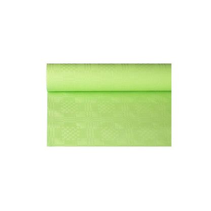 En rulle av den ljusgröna papperduken med damastprägling från PAPSTAR GmbH i måtten 6 m x 1,2 m, idealisk för festliga tillfällen, är delvis utrullad på vit bakgrund.