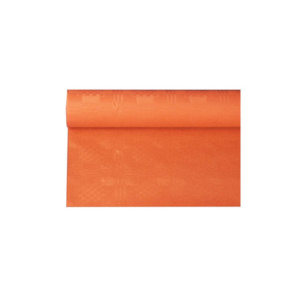 En delvis utrullad rulle PAPSTAR papperduk med damastprägling i formatet 6 x 1,2 m visar sitt komplicerade mönster och sin struktur mot en enkel vit bakgrund.