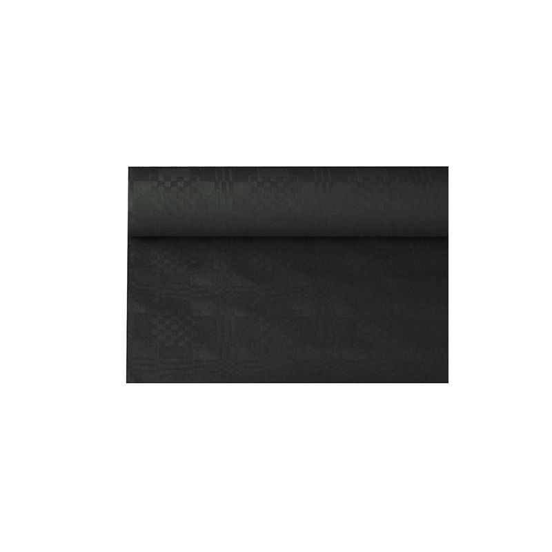 PAPSTAR papperduk med damastprägling från PAPSTAR GmbH är en rulle av mörkt tyg med diskret damastprägling och geometriskt mönster på vit bakgrund och är idealisk för att ge festliga tillfällen elegans.