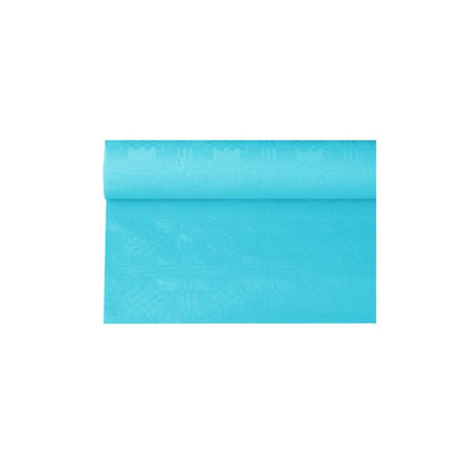 En rulle PAPSTAR papperduk med damastprägling i en lysande blå nyans, känd för sin släta textur och detaljerade damastprägling, ligger delvis utrullad på en enkel vit bakgrund - idealisk för festliga tillfällen.