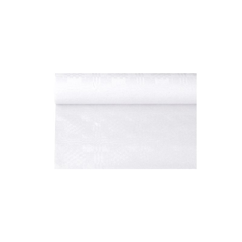 En rulle PAPSTAR papperduk med damastprägling från PAPSTAR GmbH, liknande en enkel vit tapet för festliga tillfällen, är delvis utrullad och visar sin släta och jämna textur mot den enkla vita bakgrunden.