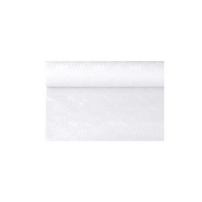 En rulle PAPSTAR papperduk med damastprägling från PAPSTAR GmbH, liknande en enkel vit tapet för festliga tillfällen, är delvis utrullad och visar sin släta och jämna textur mot den enkla vita bakgrunden.