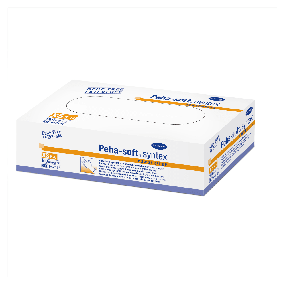 En låda puderfria Peha-soft® syntex-vinylhandskar från Paul Hartmann AG med orange och blå text på vit bakgrund och information om storlek, mängd och produktegenskaper.
