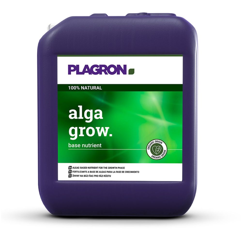 En stor lila kanna med texten "Plagron Alga Grow Naturlig Tillväxtgödsel" från Bertels B.V. har en grön bakgrund med text på engelska och spanska. Denna fyrkantiga behållare med ett övre handtag är en idealisk naturlig tillväxtgödsel för din trädgård.