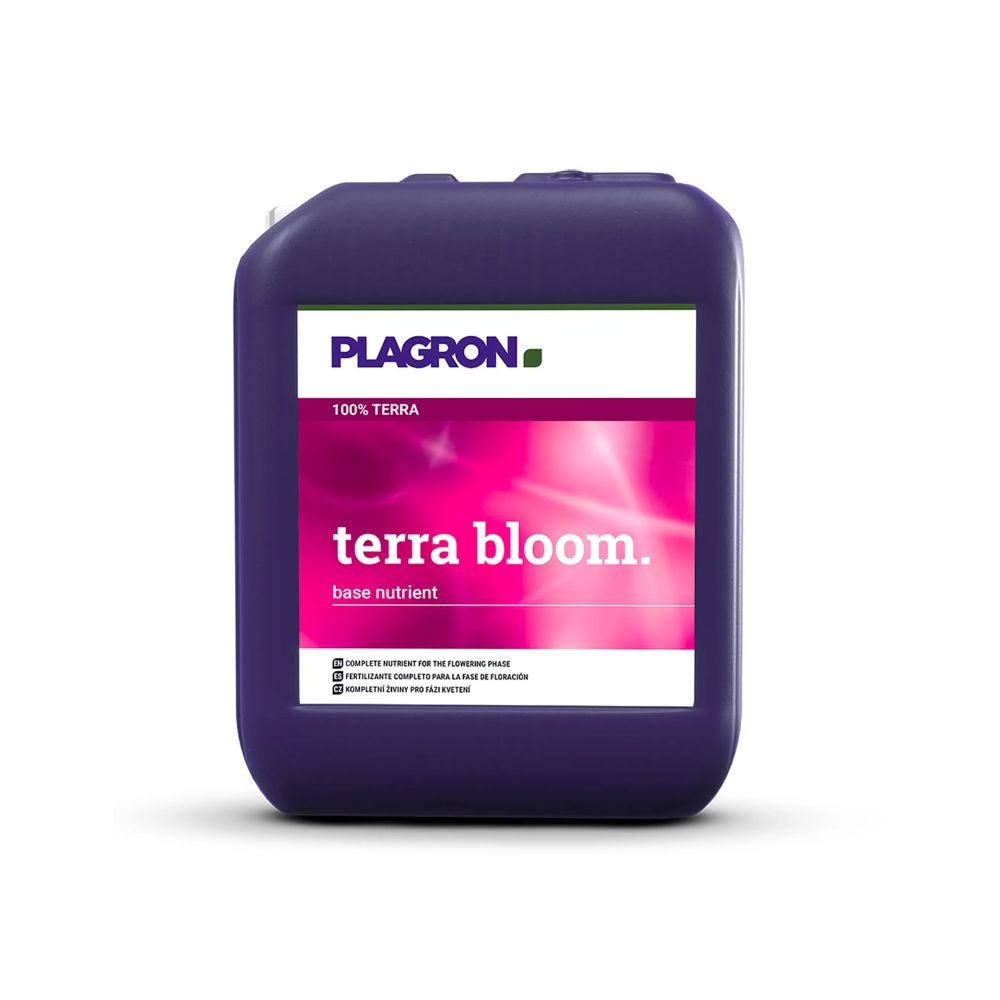 Ein dunkelvioletter „Plagron Terra Bloom“-Behälter von Bertels B.V. weist eine rosa Grafik auf und ist als Basisnährstoff für die Blütenbildung gekennzeichnet. Er verfügt über einen oberen Griff und einen Ausguss zum einfachen Ausgießen und sorgt so für optimales Pflanzenwachstum.