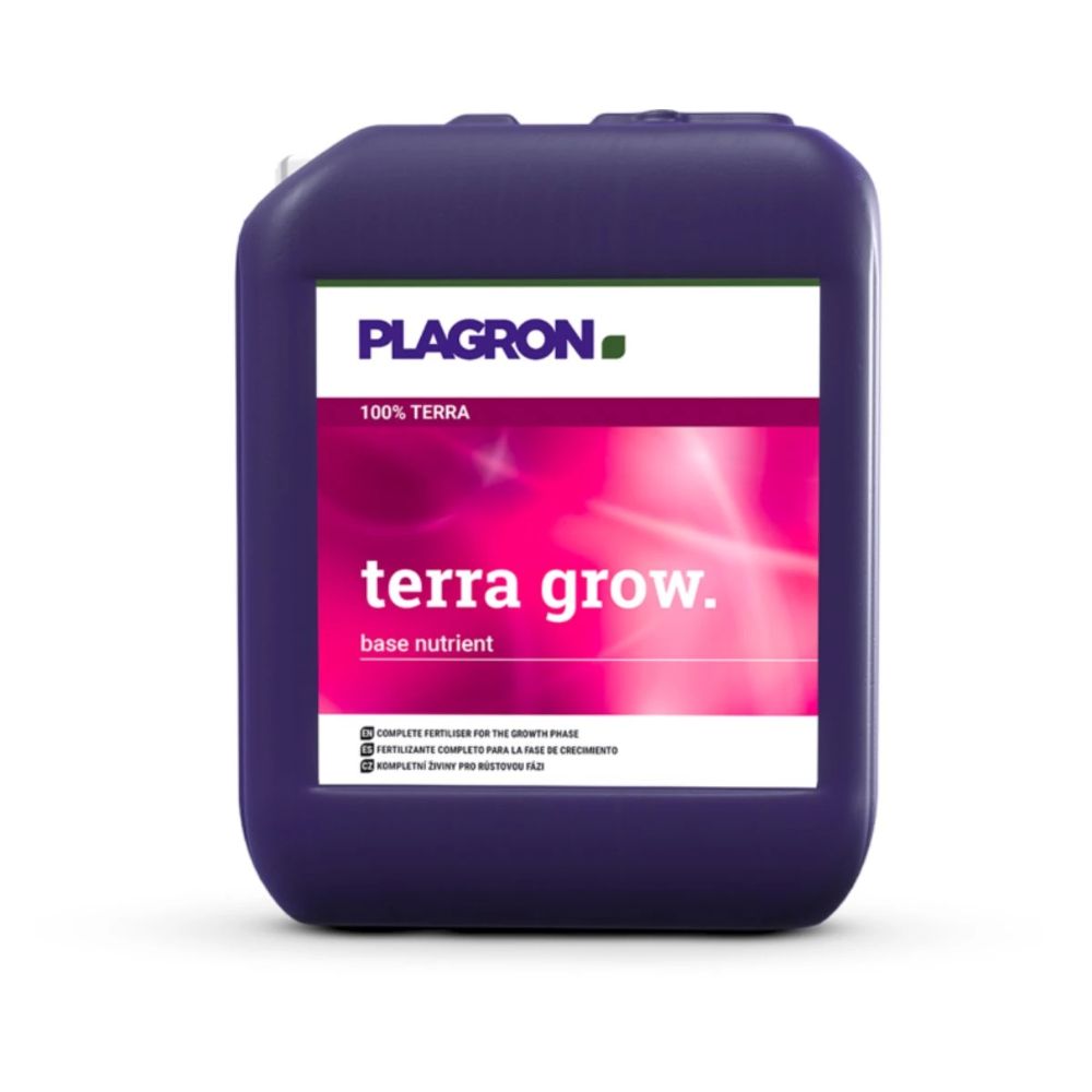 Plagron Terra Grow från Bertels B.V. är en stor, mörklila behållare för tillväxtfasen med en vit etikett med rosa och gröna accenter. Den innehåller instruktioner i liten text på undersidan och har ett praktiskt bärhandtag upptill.