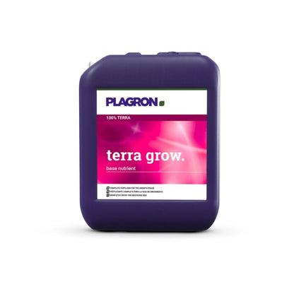 En lila behållare med Plagron Terra Grow från Bertels B.V. presenteras med en vit etikett och ett rosa avsnitt, vilket betonar dess roll i att främja snabbare växttillväxt under tillväxtfasen.