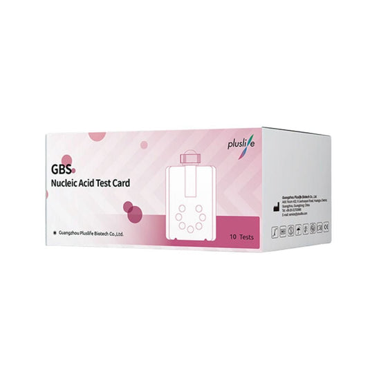 Testkiten Pluslife Streptokokken B från MedRhein GmbH levereras i en rosa-vit förpackning som möjliggör snabb in vitro-detektering av streptokocker av grupp B, innehåller 10 tester och tillverkas av Guangzhou Pluslife Biotech Co., Ltd.