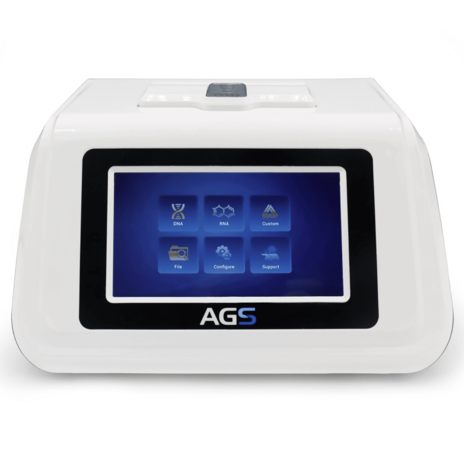 Ein PCR Pure Kit-Laborgerät der Marke Altruan mit einem großen digitalen Touchscreen mit Symbolen für DNA, RNA, Datei, Konfigurieren und Support auf dem Display, eingeschlossen in einem weißen Gehäuse.
