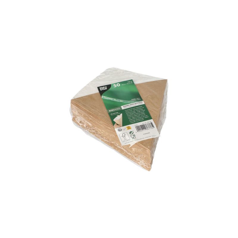 Ett set PAPSTAR "pure" pommes frites-koner med dip-hörna av förnybara råvaror är förpackat i en transparent plastfolie. Förpackningen är försedd med en grön etikett med produktinformation och streckkod. De brun/vita trekantiga ToGo-behållarna har måtten 19,5 cm x 16,5 cm och rymmer upp till 100 g.