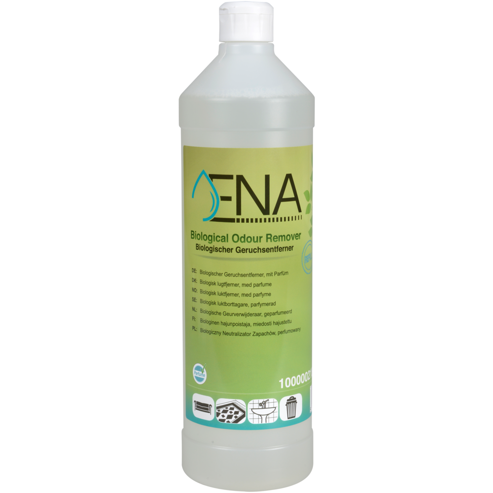 Eine 1-Liter-Plastikflasche ENA Biologischer Geruchsentferner von Abena Re-Seller GmbH mit grünem Etikett und weißem Verschluss, mit mehrsprachigen Informationen und Symbolen zur Verwendung auf Textilien, Behältern und in der Küche.