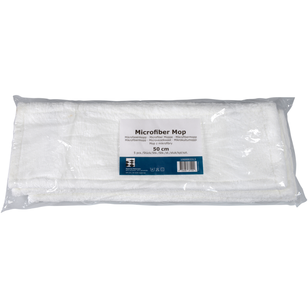 Abgebildet ist ein verpackter Mikrofasermopp Standard, Weiß der Abena Re-Seller GmbH mit einer Länge von 50 cm in einer durchsichtigen Kunststoffhülle mit einem Produktetikett, das den Namen, die Größe und Informationen zur nachhaltigen Reinigung enthält.