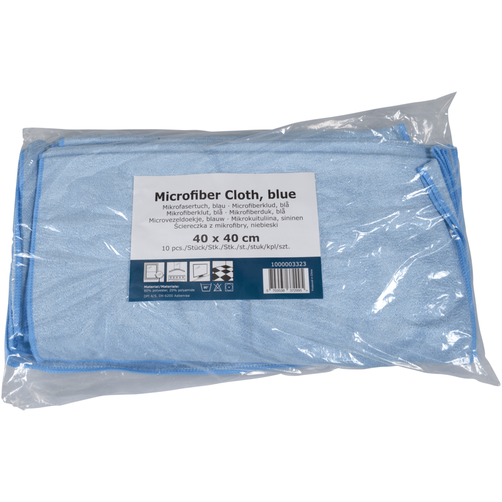 En genomskinlig plastförpackning innehåller 10 blå Abena Re-Seller GmbH mikrofiberdukar Shiny-Stretch dukar, vardera 40x40 cm, med en flerspråkig etikett.