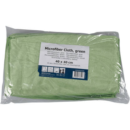 En 10-pack Abena Re-Seller GmbH mikrofiberduk Shiny-Stretch dukar, vardera 40x40 cm, är vikt och förseglad i en genomskinlig plastpåse med flerspråkig märkning.
