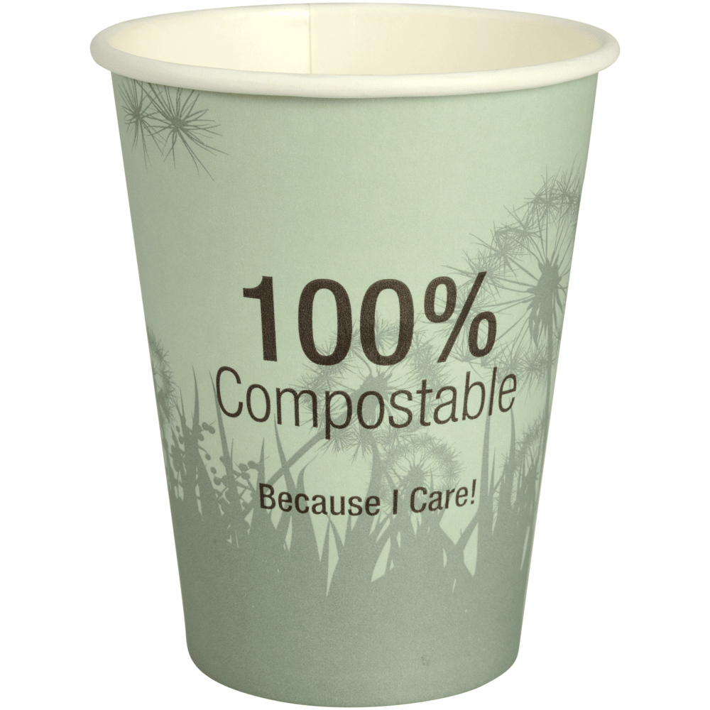 Den Abena Re-Seller GmbH komposterbara kaffemuggen "Dandelion" är en grön kaffemugg med texten "100% Compostable Because I Care!" och ett silhuettmotiv av växter och maskros i bakgrunden.